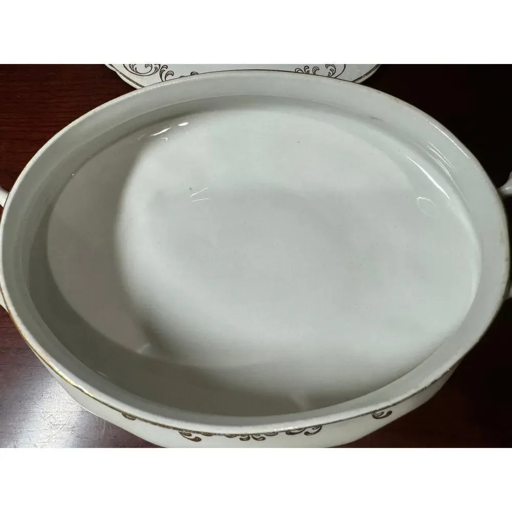 Vintage Semi-Vitreous Porcelain Oval Serving Dish Tureen With Lid & Handles